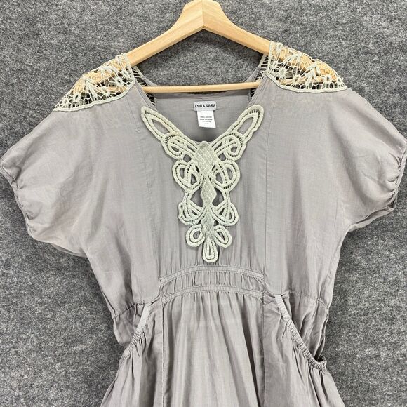 Ash & Sara Sheath Dress Women M Gray Embroidered Short Sleeve Lace Elastic Waist - Picture 3 of 8